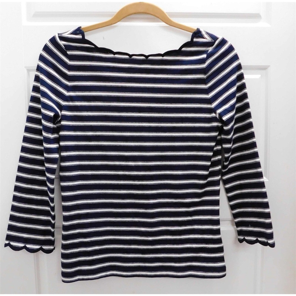 New kate spade Navy Blue‎ White Stripe Cotton Scalloped Neck Top Blouse XS